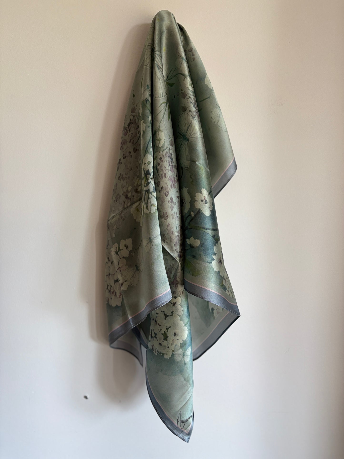 Silk Scarf 35 x 35 - Cottage Garden - Soft Green