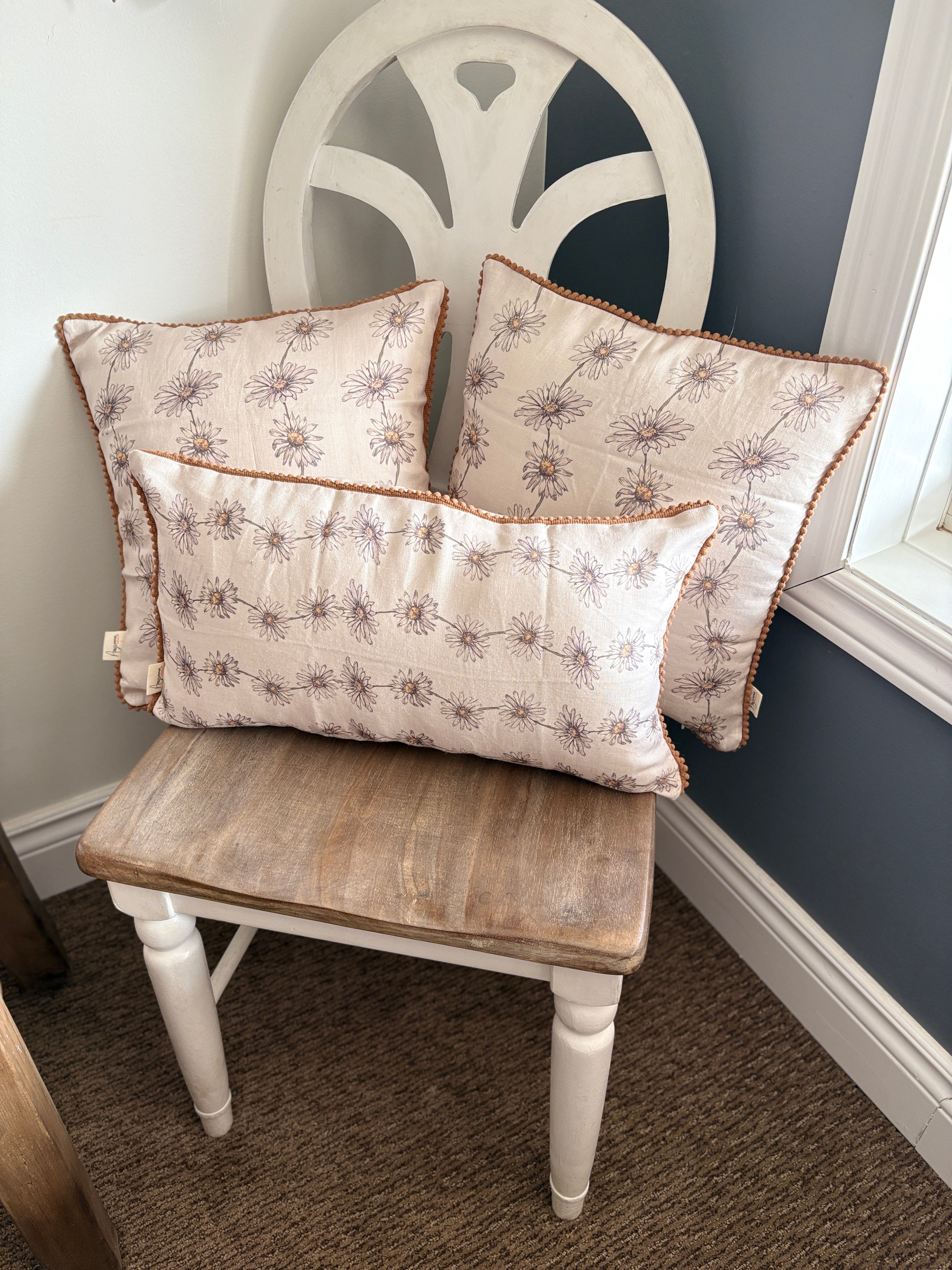 Linen Cushion  12  x 20  - Daisy Chain - Cream