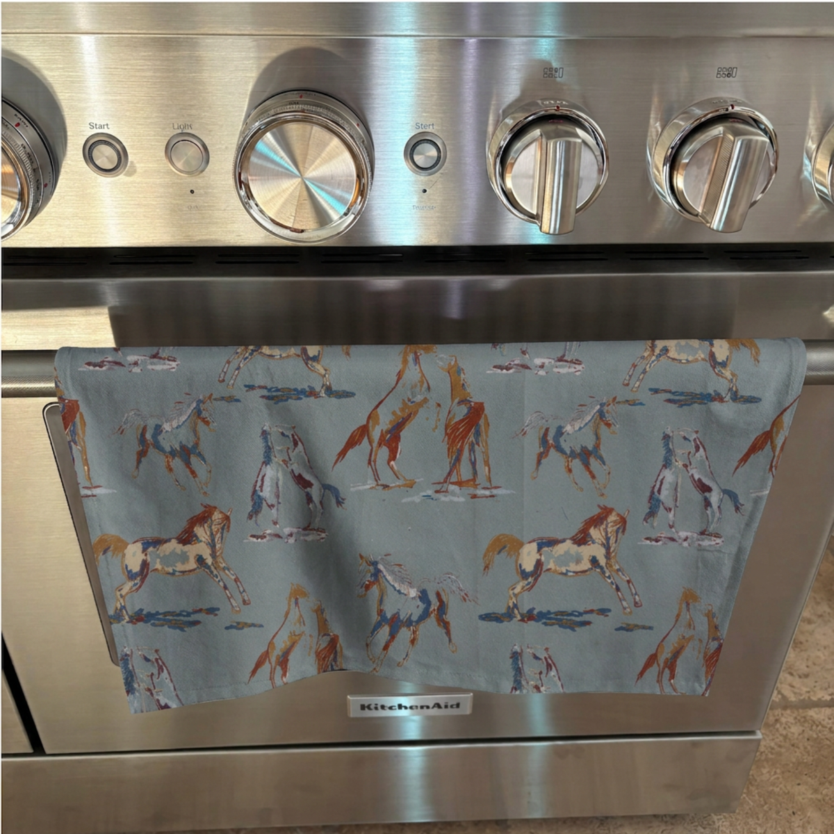 Tea towel cotton crepe - Spirit of the Horse - Blue
