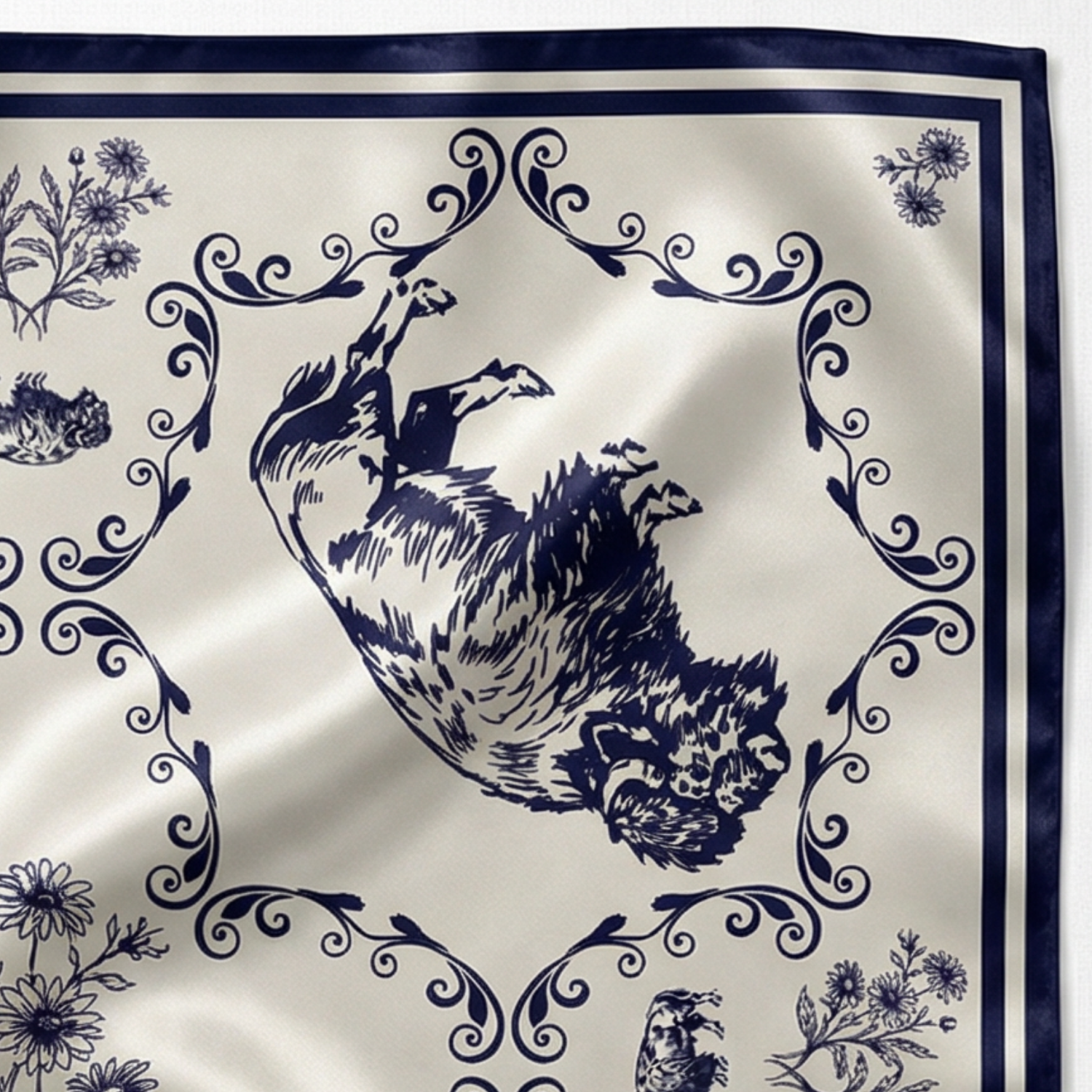 Silk Scarf 35x35"- Buffalo Blue - Cream