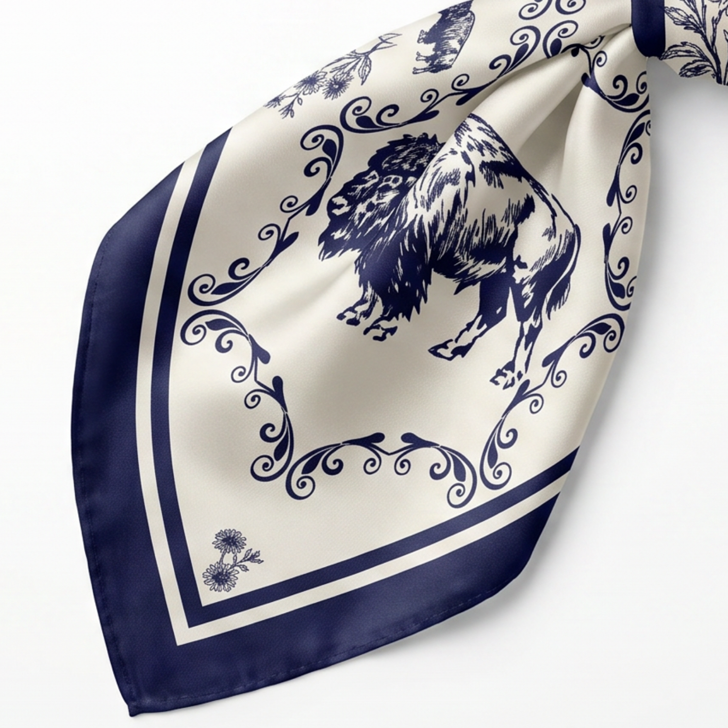 Silk Scarf 35x35"- Buffalo Blue - Cream