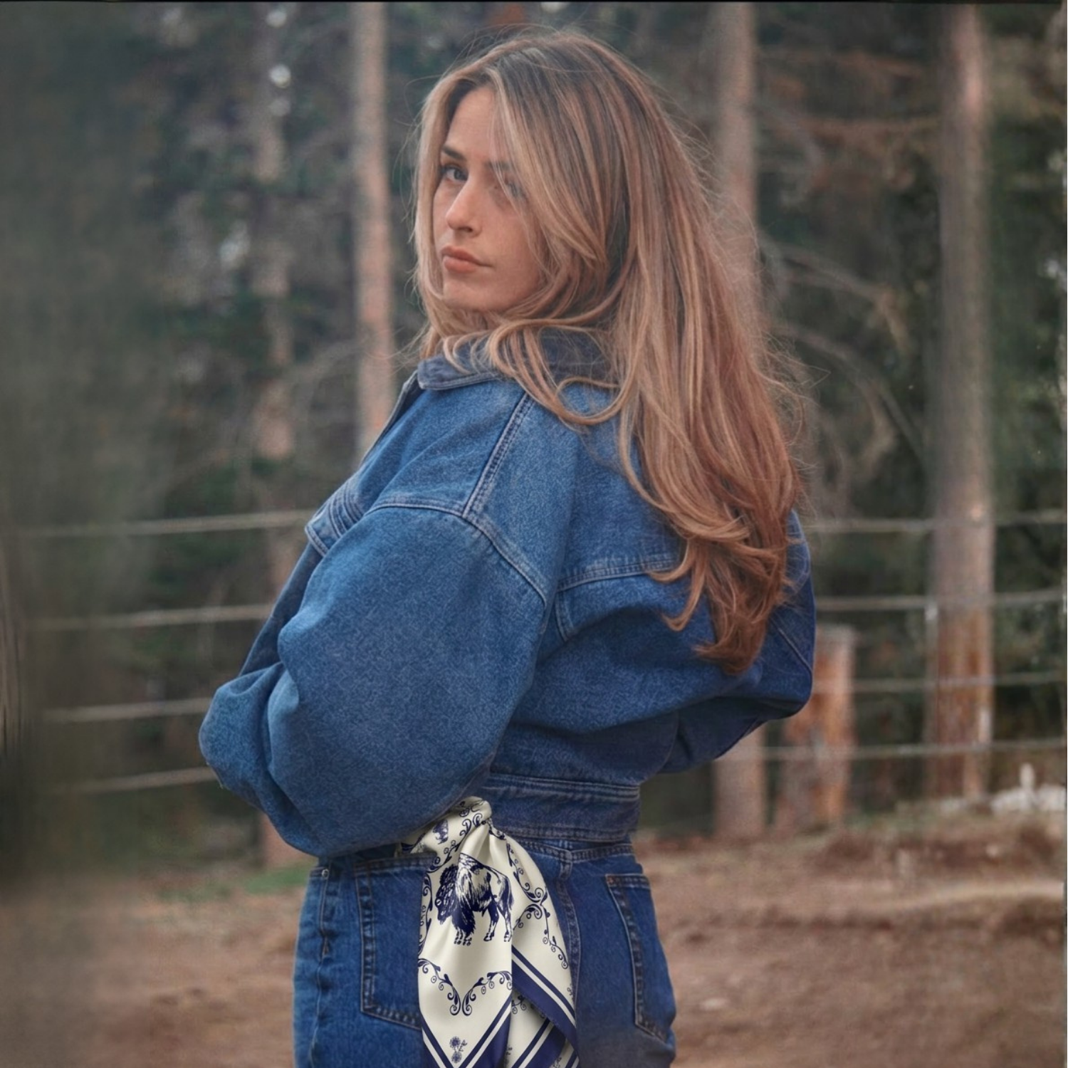 Silk Scarf 35x35"- Buffalo Blue - Cream