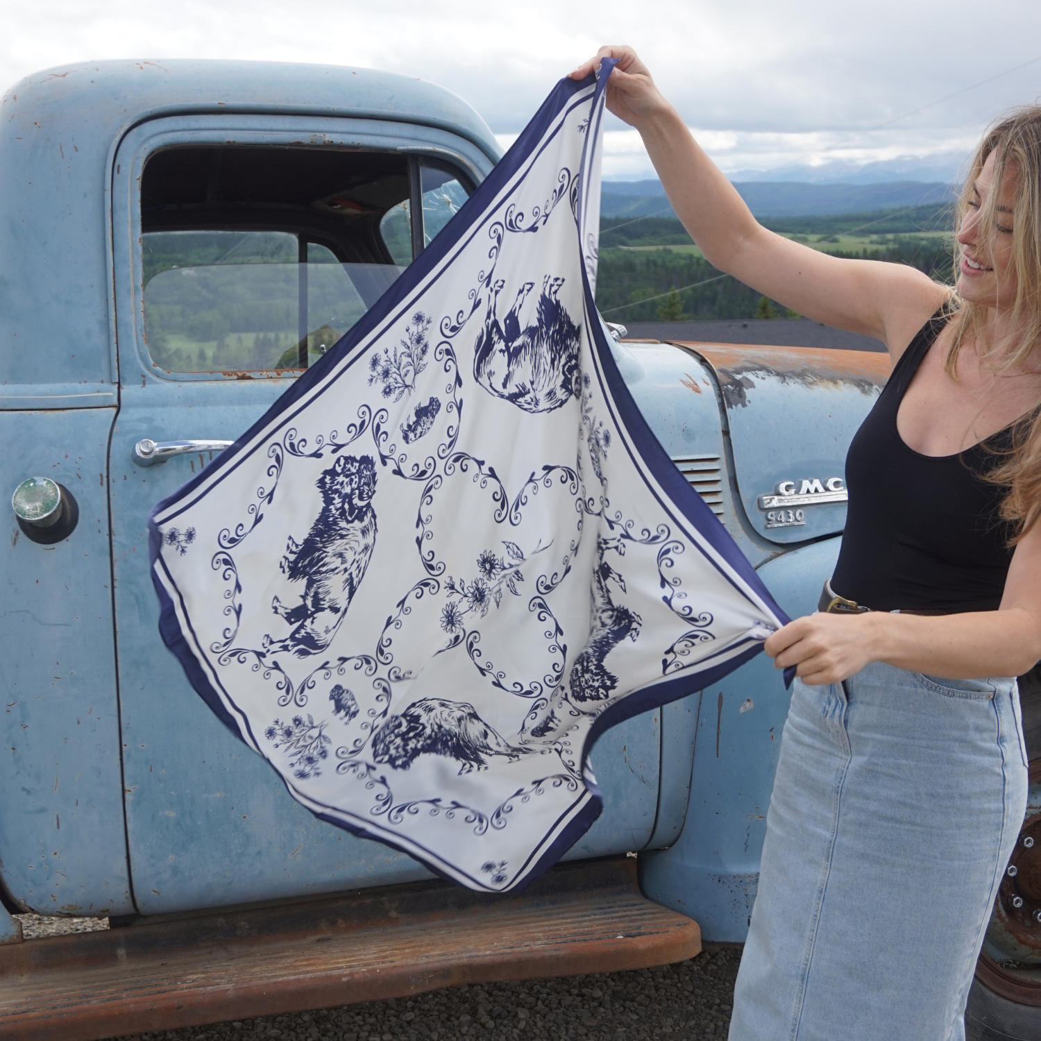 Silk Scarf 35x35"- Buffalo Blue - Cream