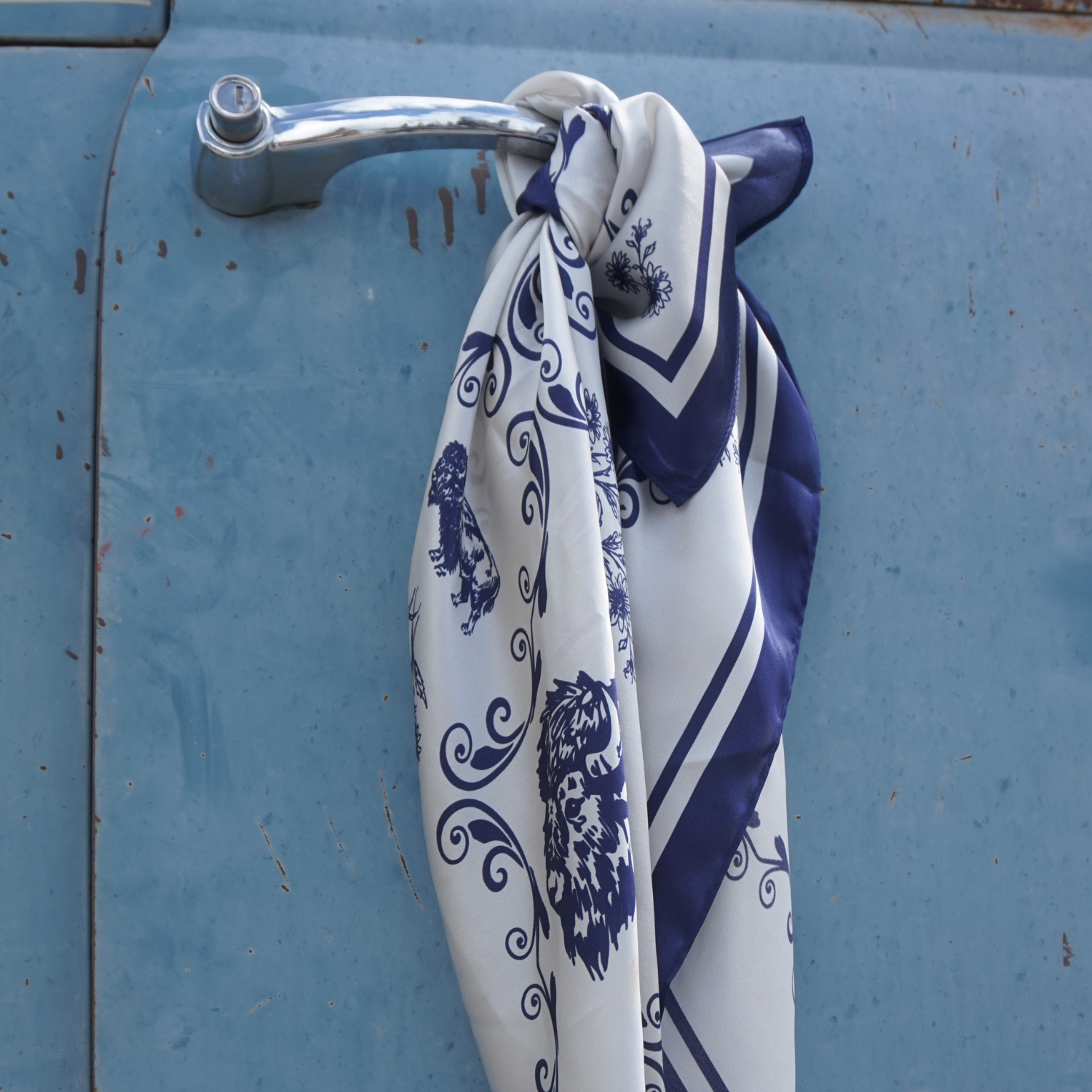 Silk Scarf 35x35"- Buffalo Blue - Cream
