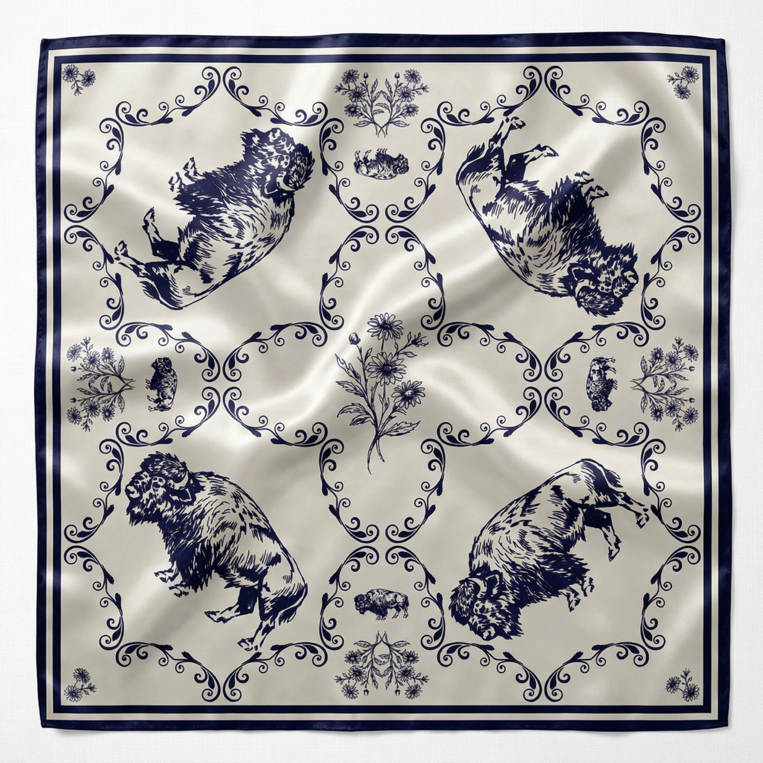 Silk Scarf 35x35"- Buffalo Blue - Cream