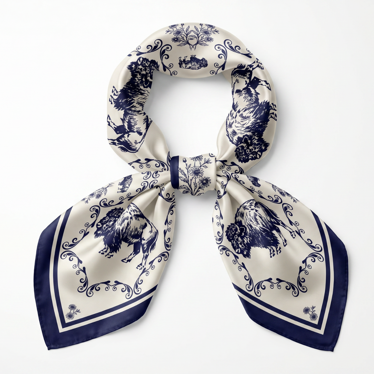 Silk Scarf 35x35"- Buffalo Blue - Cream