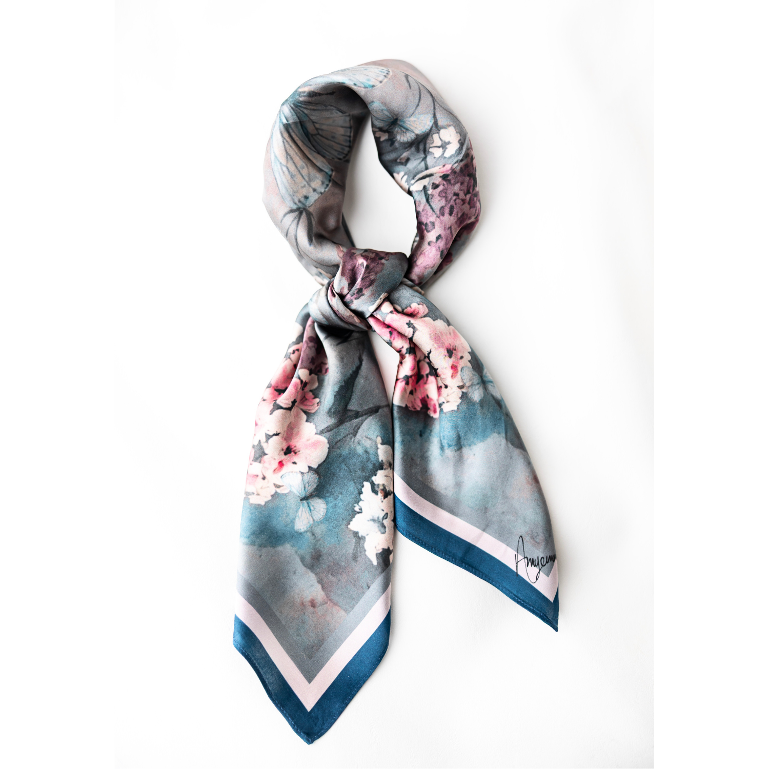Silk Scarf 35x35" - Cottage Garden - Deep Blue