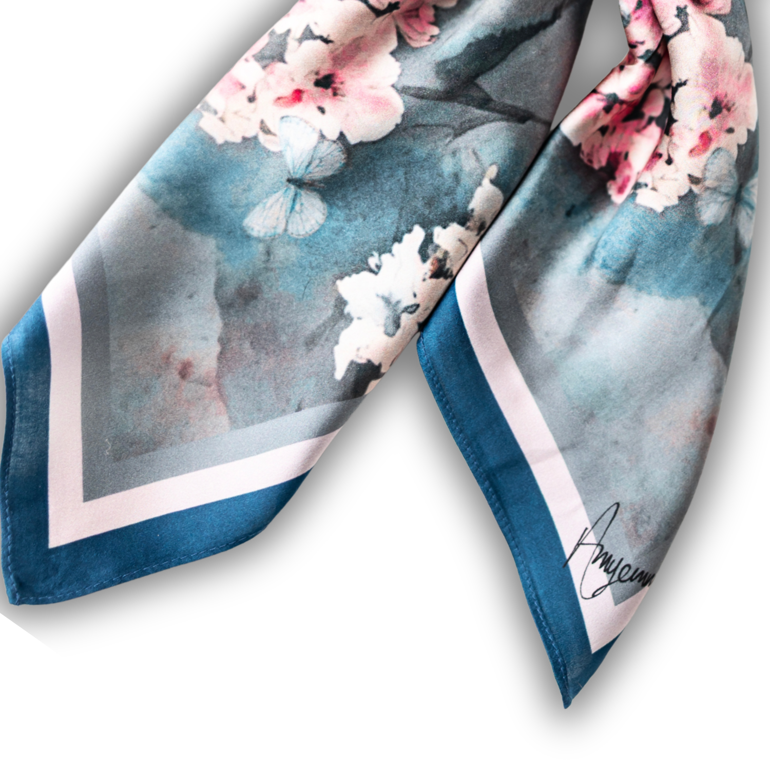 Silk Scarf 35x35" - Cottage Garden - Deep Blue