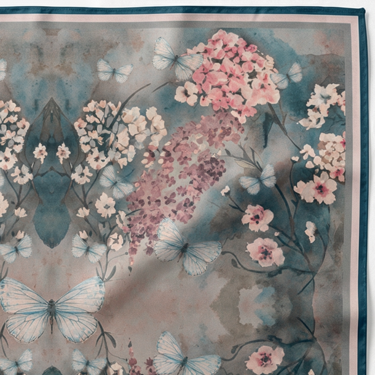 Silk Scarf 35x35" - Cottage Garden - Deep Blue