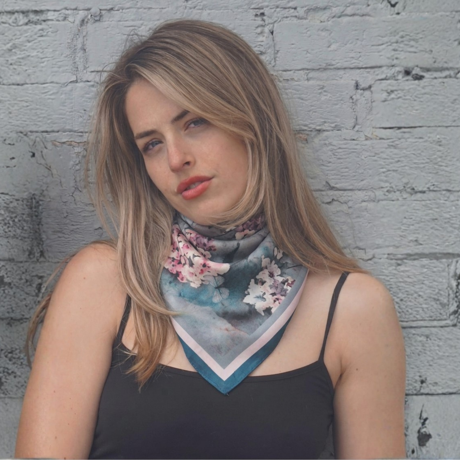 Silk Scarf 35x35" - Cottage Garden - Deep Blue