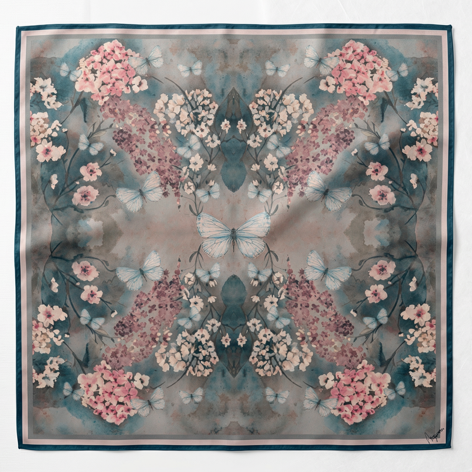 Silk Scarf 35x35" - Cottage Garden - Deep Blue