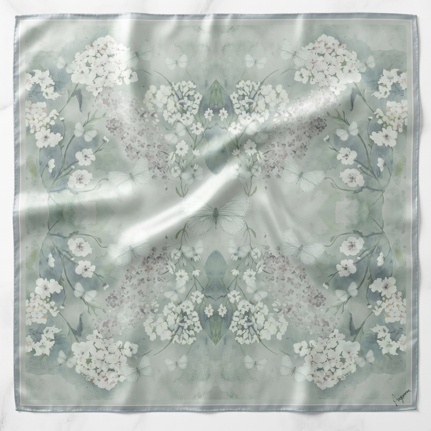 Silk Scarf 35x35" - Cottage Garden - Soft Green