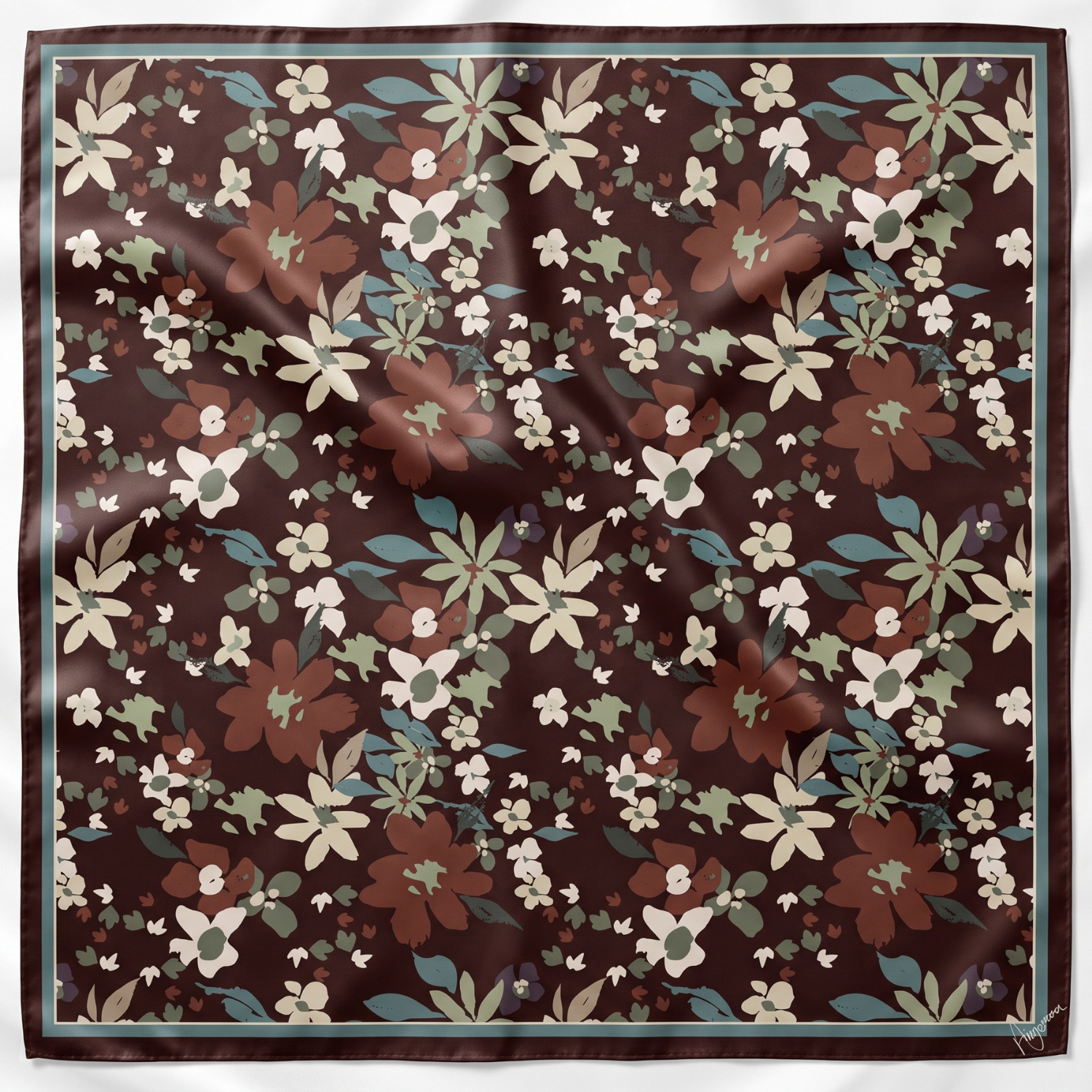 Silk Scarf 35x35" - Garden Bloom - Brown