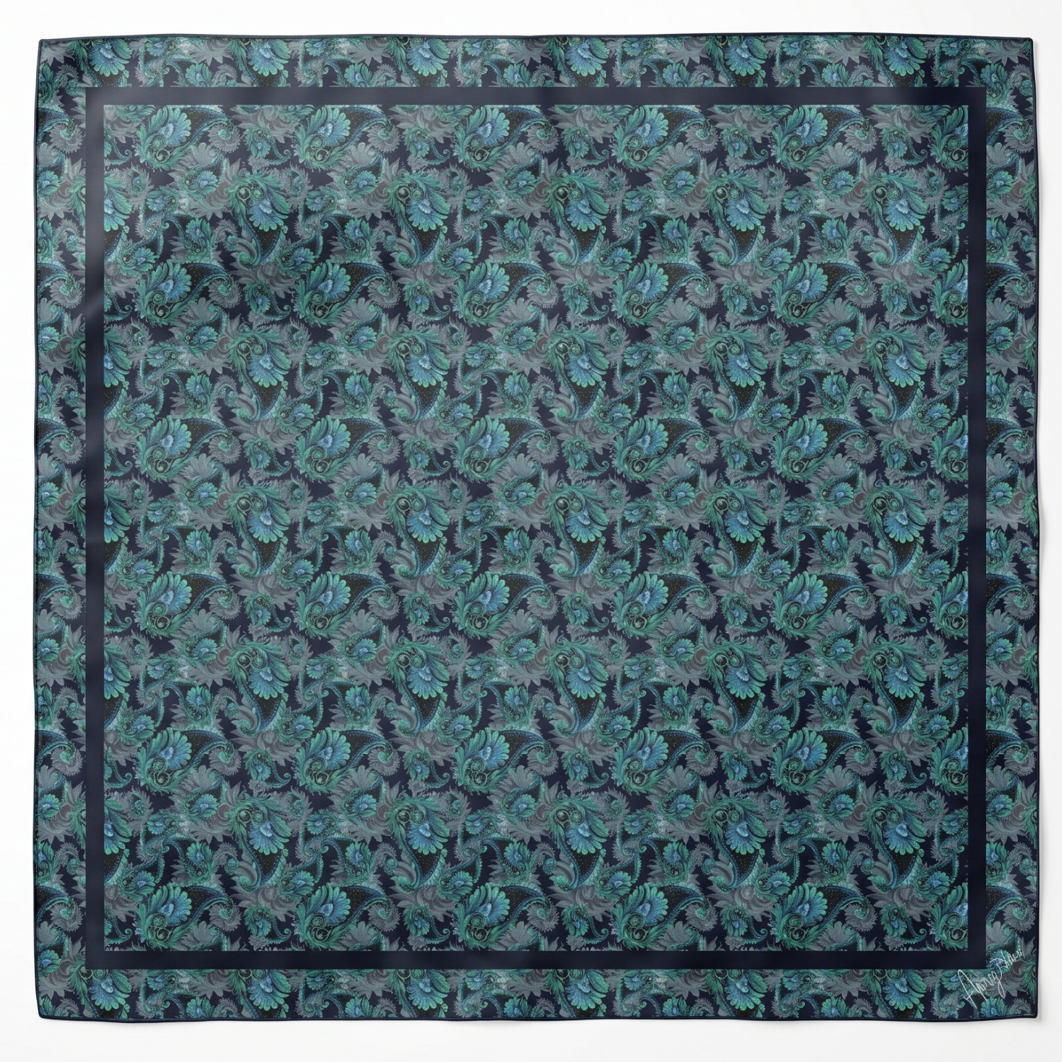 Cotton-Silk blend Scarf - 38in - Painted Paisley - Navy