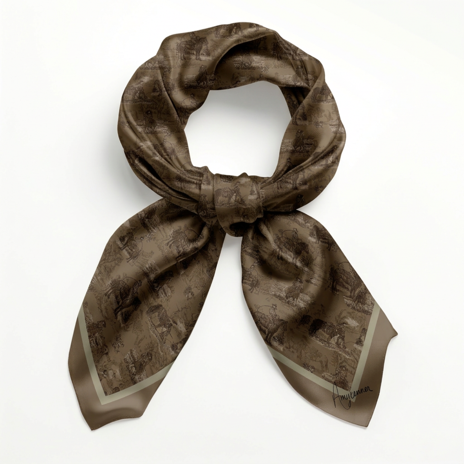 Silk Scarf 35x35" - Sage and Saddle - Sepia