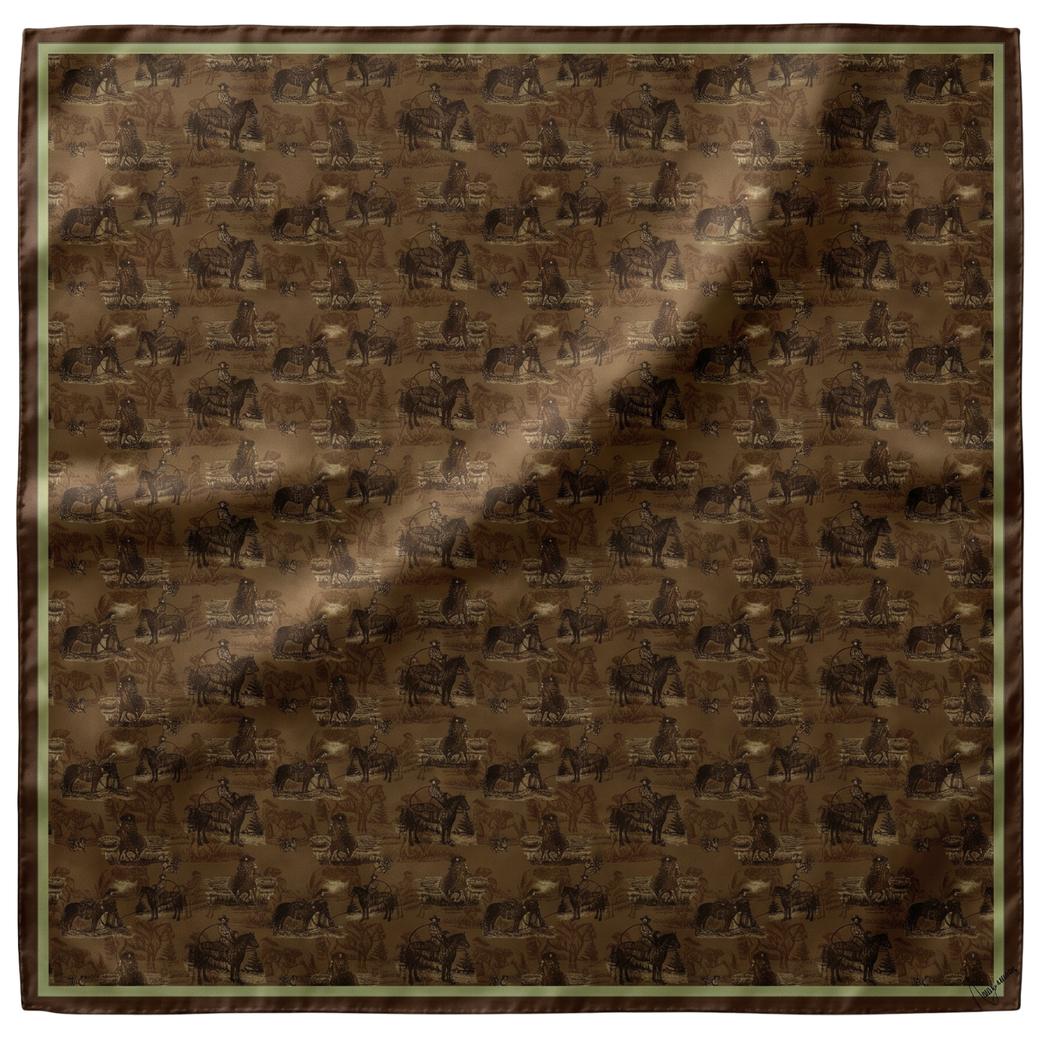 Silk Scarf 35x35" - Sage and Saddle - Sepia