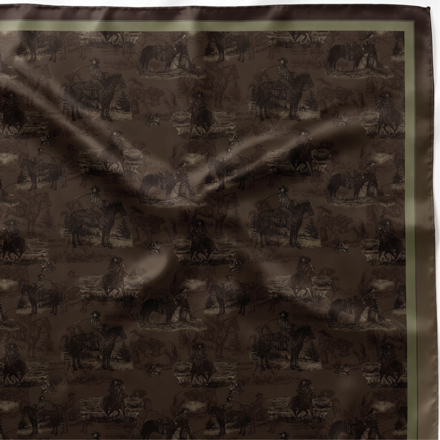 Silk Scarf 35x35" - Sage and Saddle - Sepia