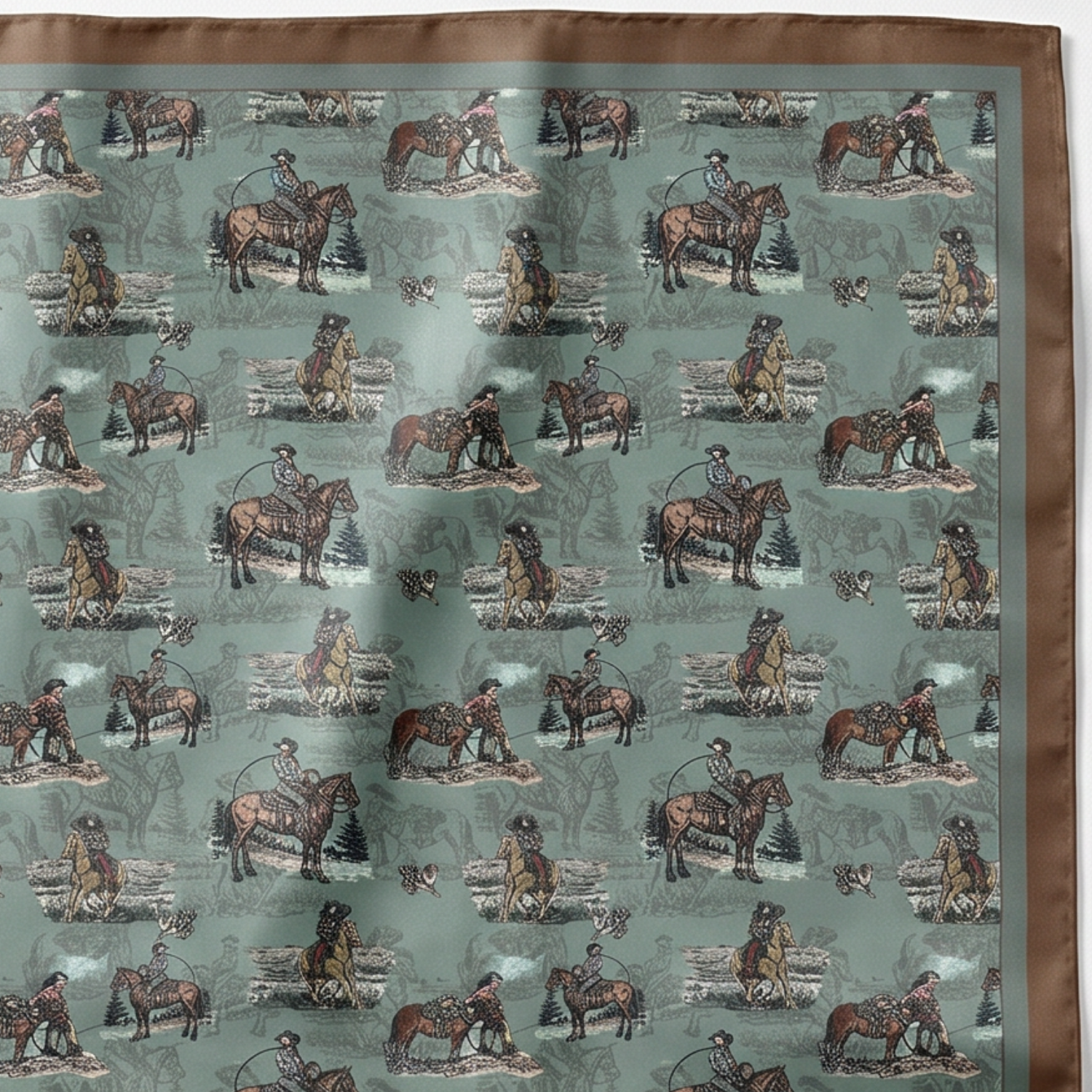 Silk Scarf 35x35" - Sage and Saddle - Turquoise
