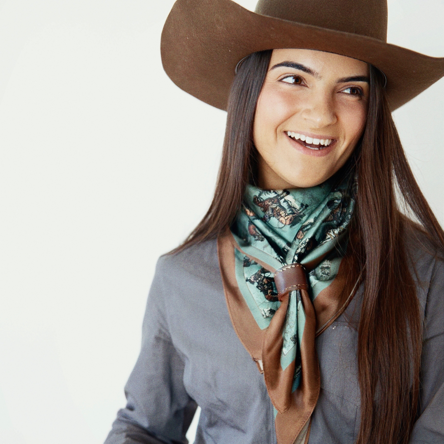 Silk Scarf 35x35" - Sage and Saddle - Turquoise