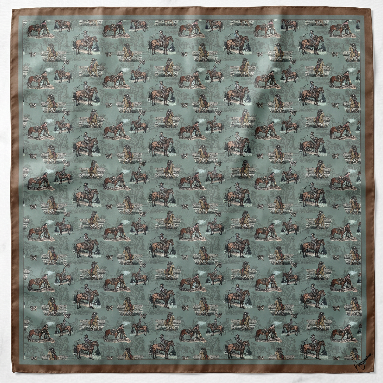 Silk Scarf 35x35" - Sage and Saddle - Turquoise