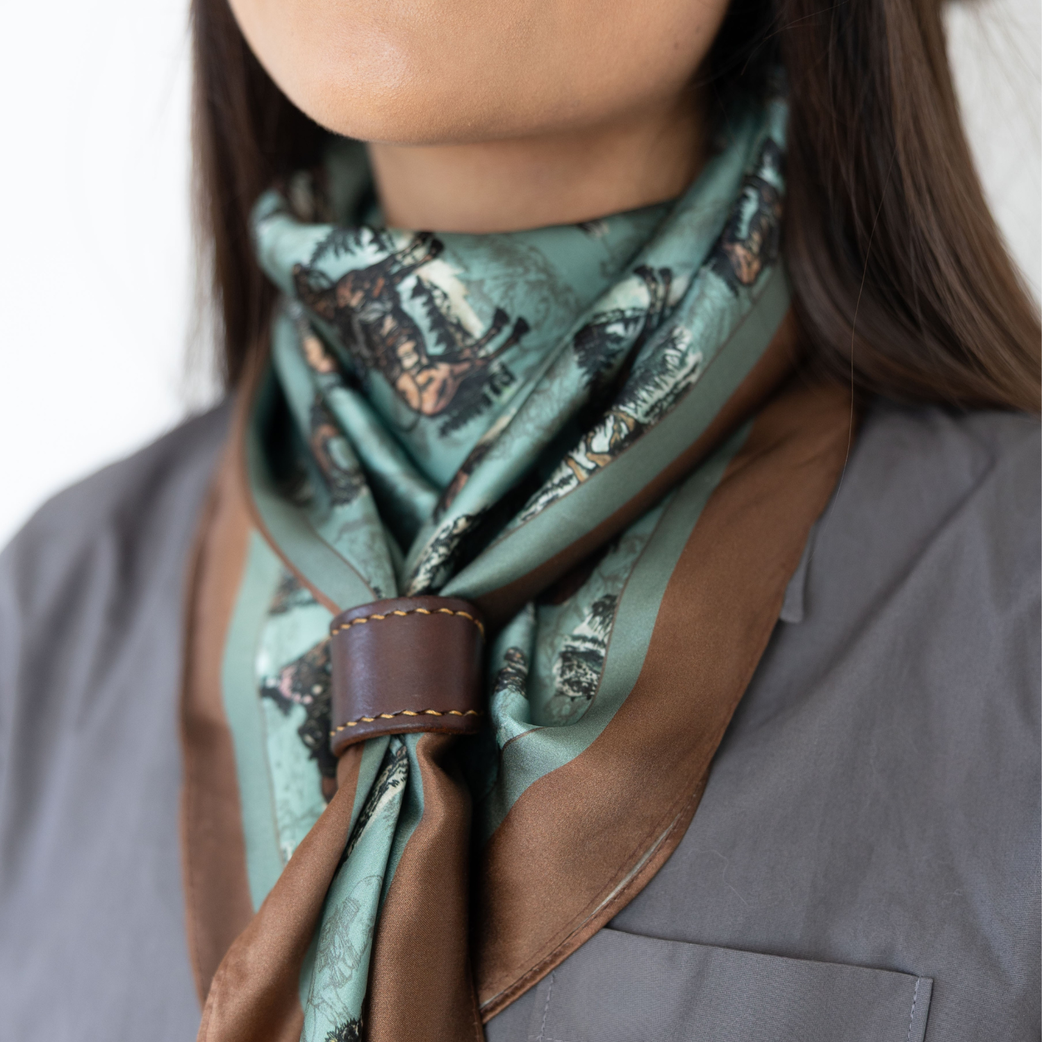 Silk Scarf 35x35" - Sage and Saddle - Turquoise